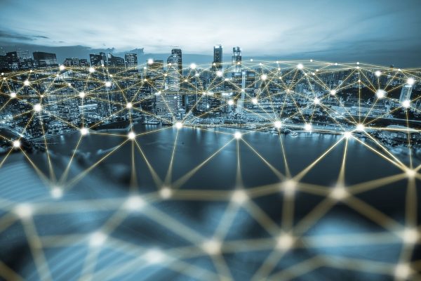 A city with dots connecting it.