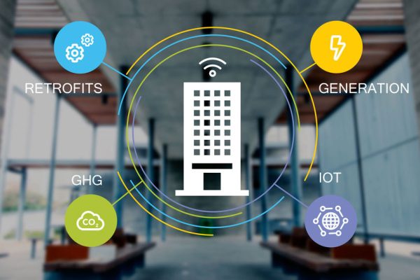 A building with icons surrounding it