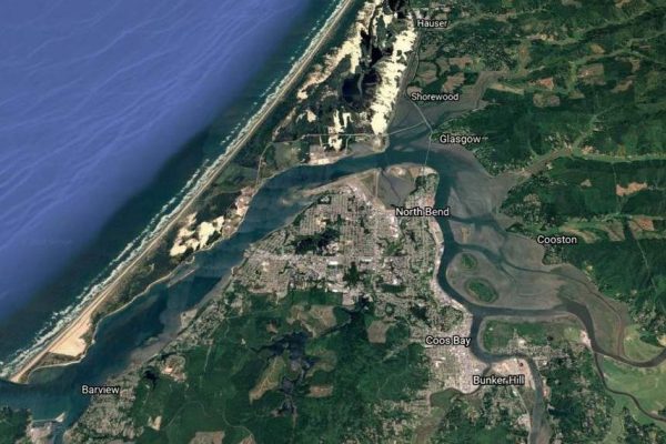 Aerial of Coos Bend/North Bend along Oregon coast