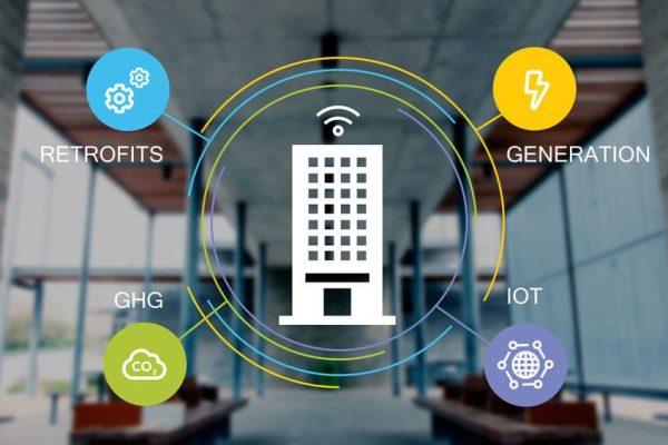 animation of a building with four emission monitoring icons