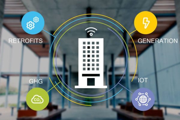 animation of a building with four emission monitoring icons