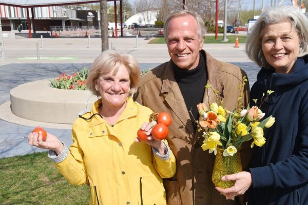 Newmarket Farmers' Market founder Jackie Playter, alongside original vendor Ron VanHart and president Cathy Bartolic.